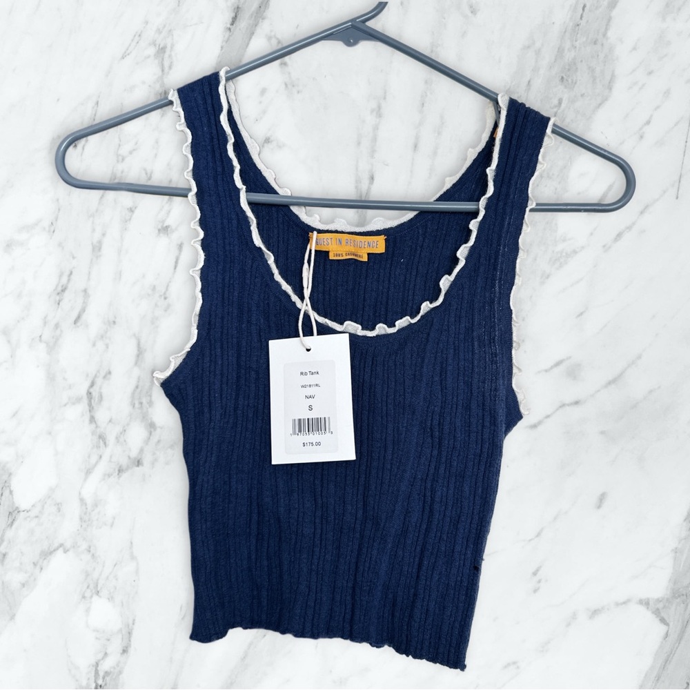 Blue Ribbed Ruffled Sleeveless Tank Top